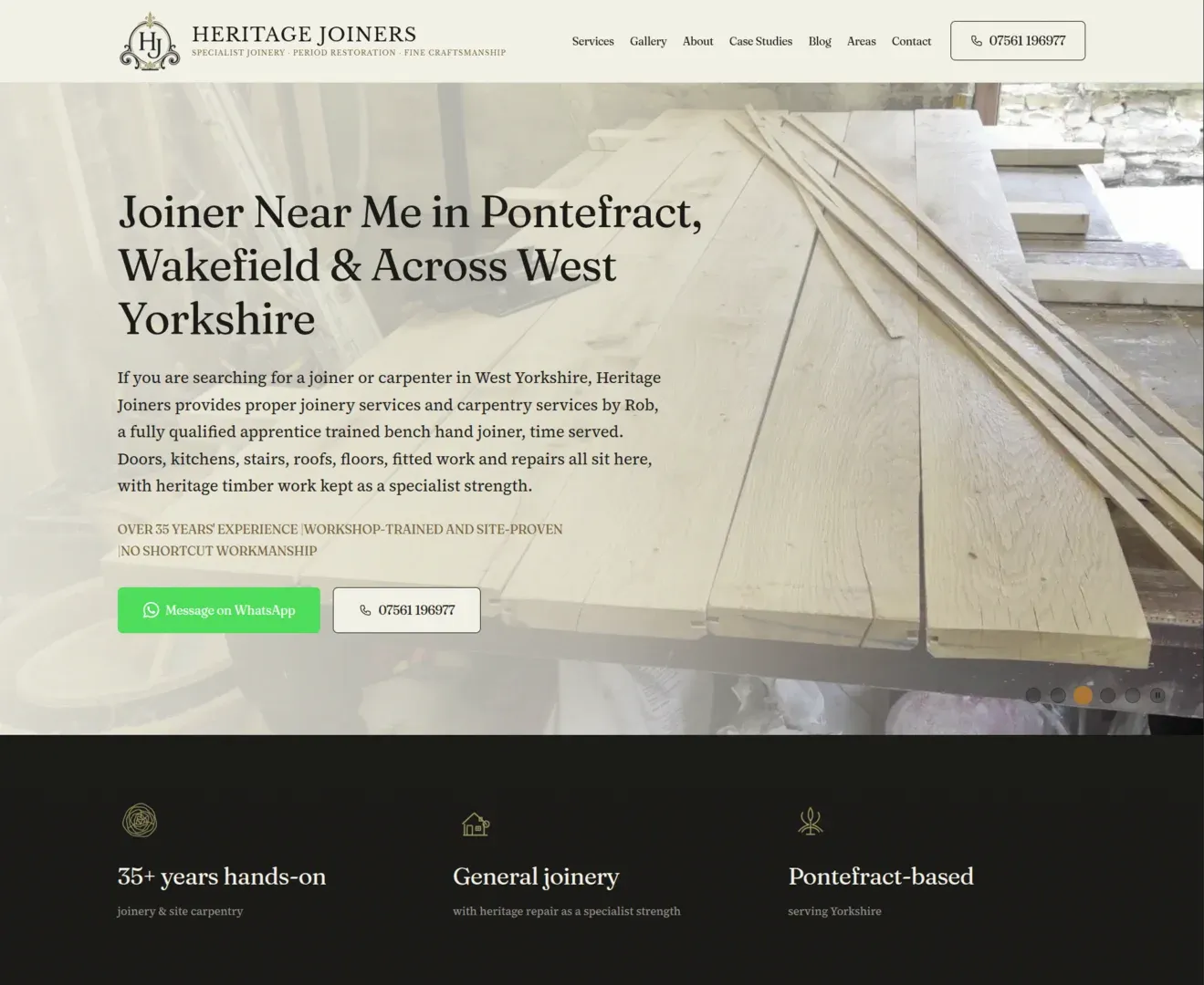 The Heritage Joiners homepage, showing the hero headline and the WhatsApp and phone call-to-action buttons.